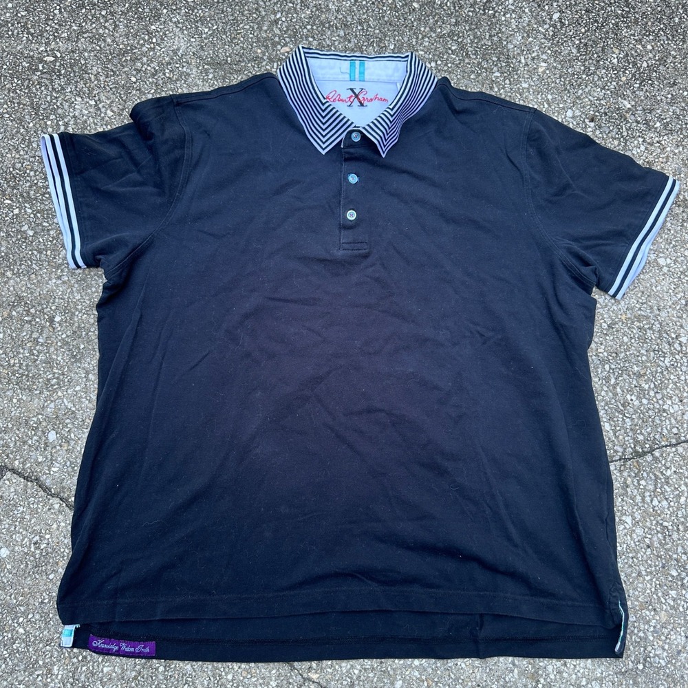Robert Graham Mens Black Polo Shirt Striped Collar Paisley Placket 3XL Tailored